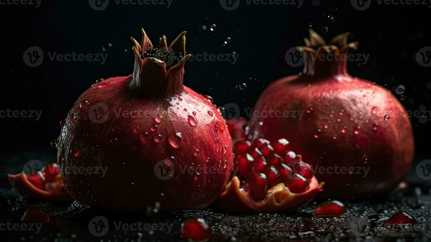 Fresh Pomegranate hit by splashes of water with black blur background, AI Generative photo