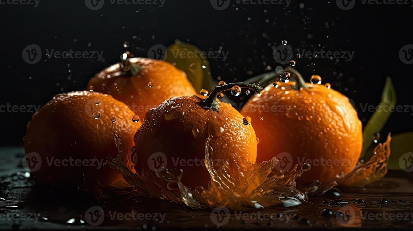 Closeup of sliced orange fruit hit by splashes of water with black blur background, photo