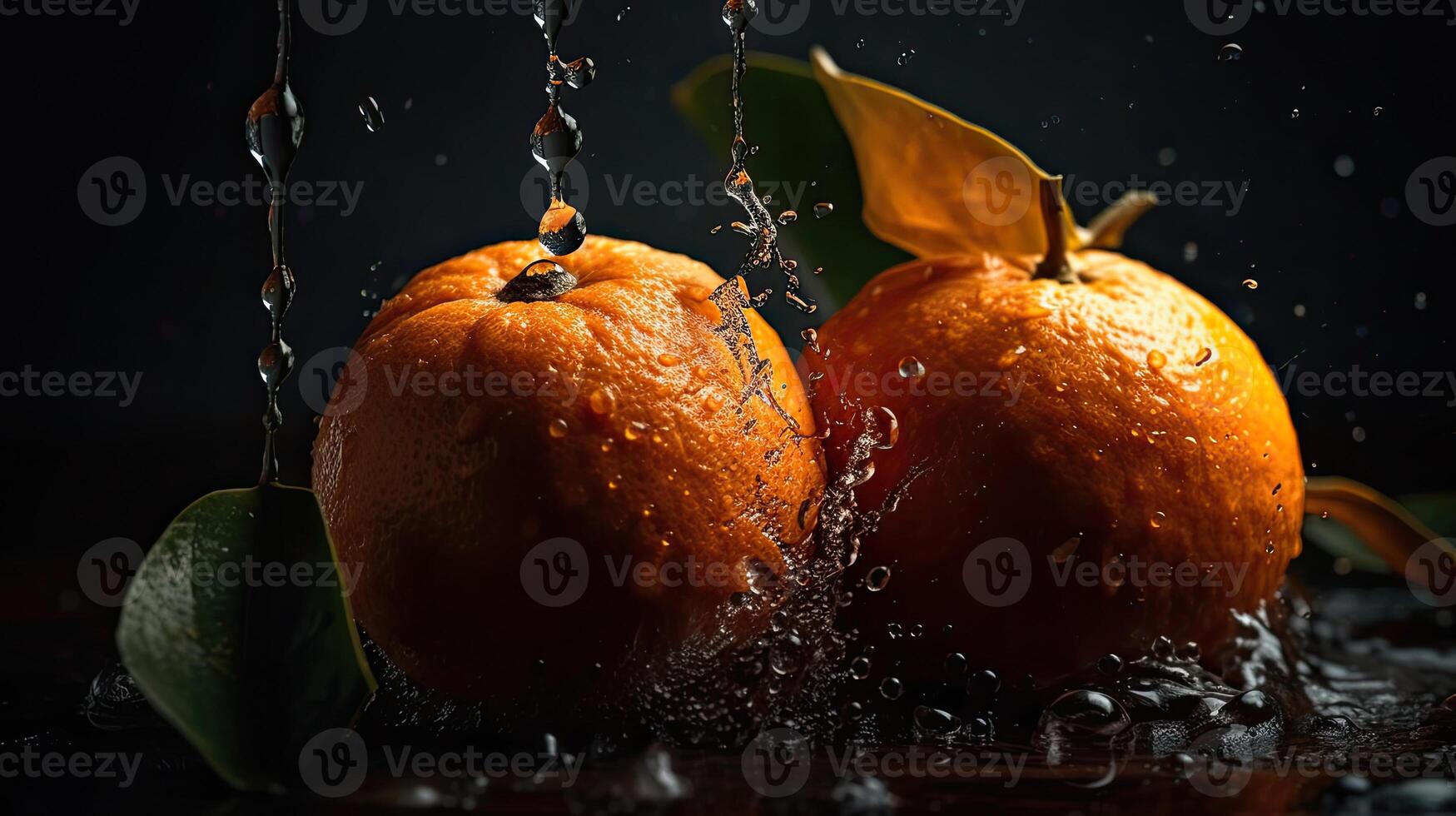 Closeup of sliced orange fruit hit by splashes of water with black blur background, photo