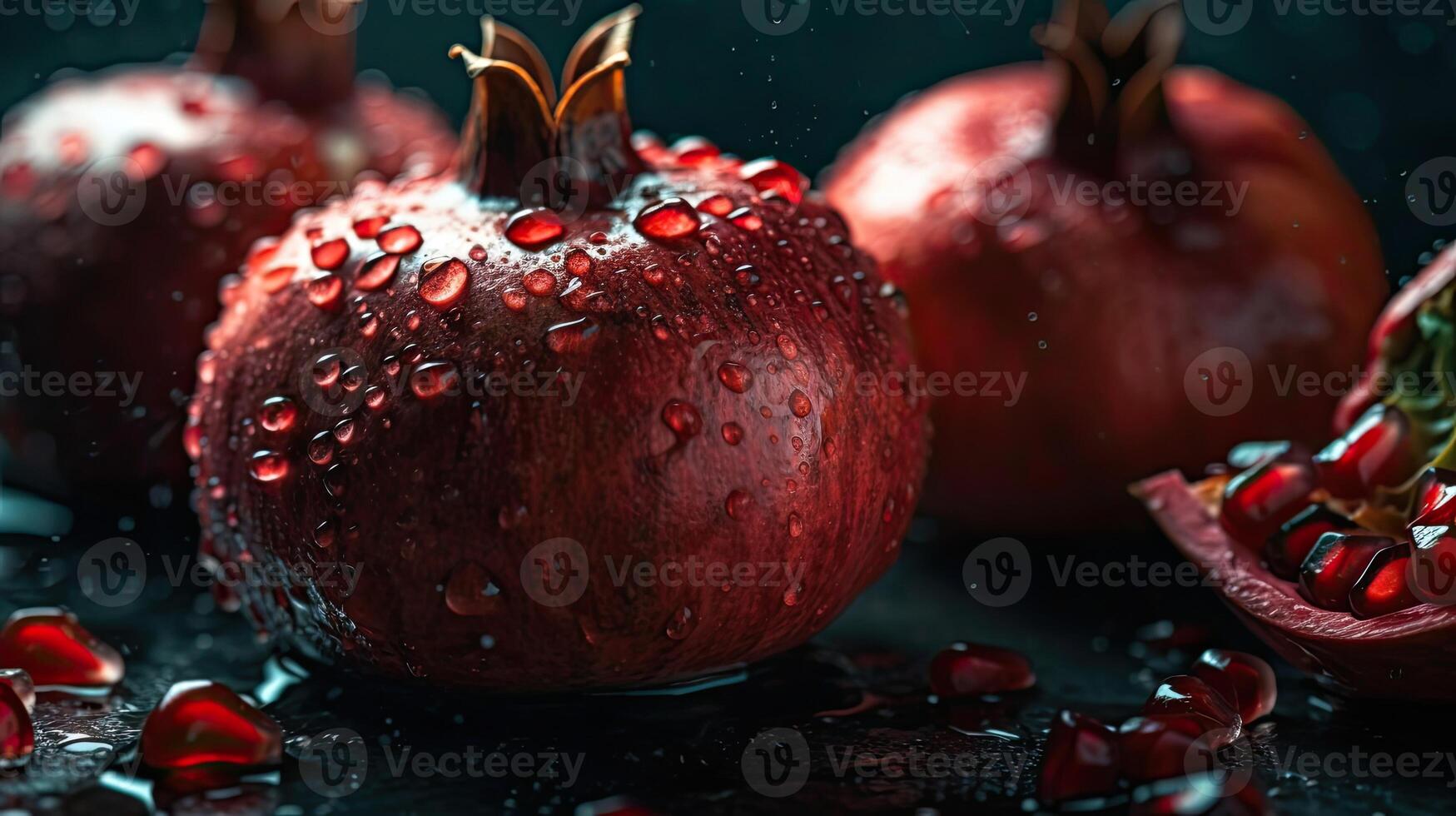 Closeup Side View Fresh Pomegranate hit by splashes of water with black blur background, photo