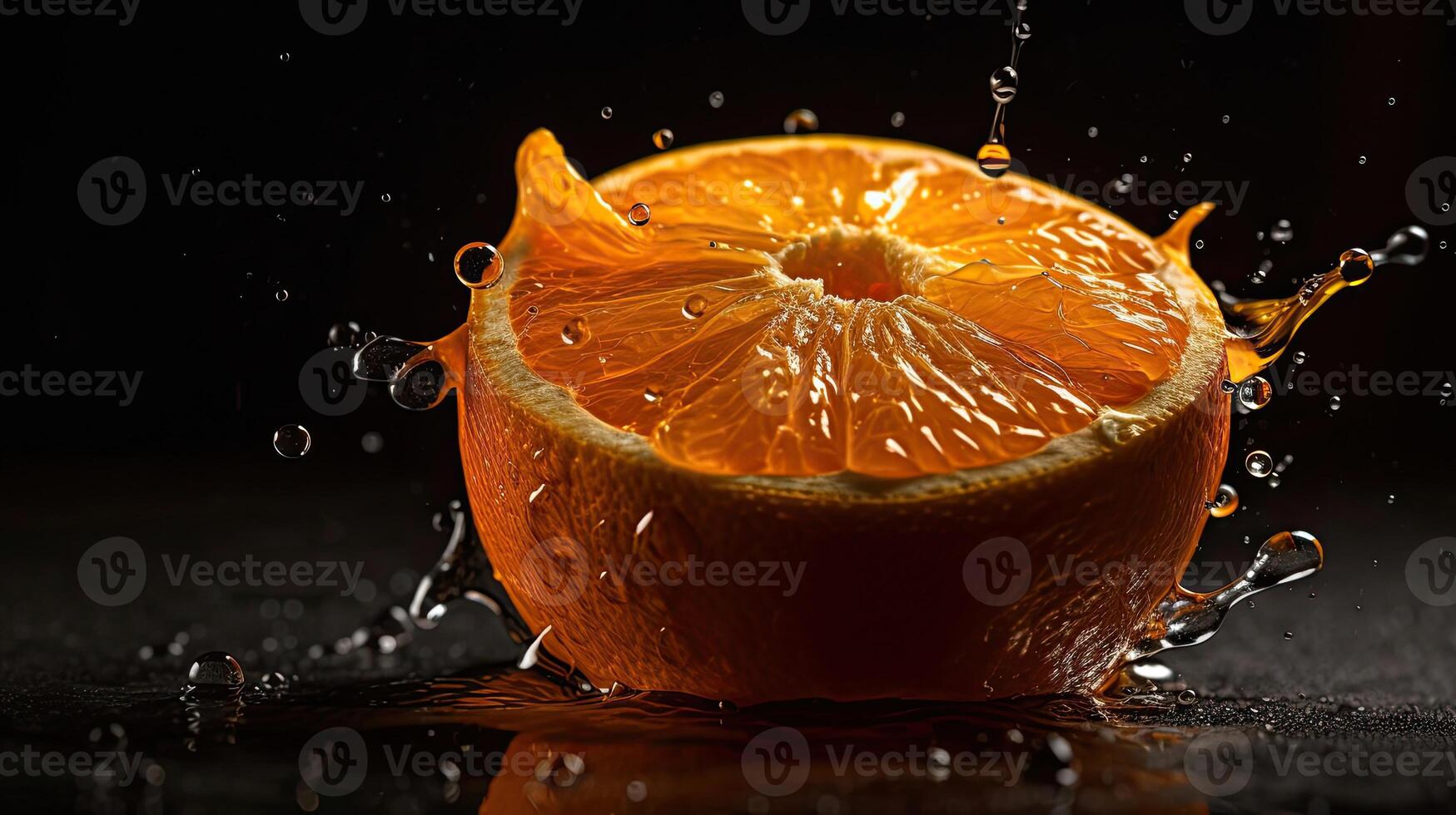 Closeup of sliced orange fruit hit by splashes of water with black blur background, photo