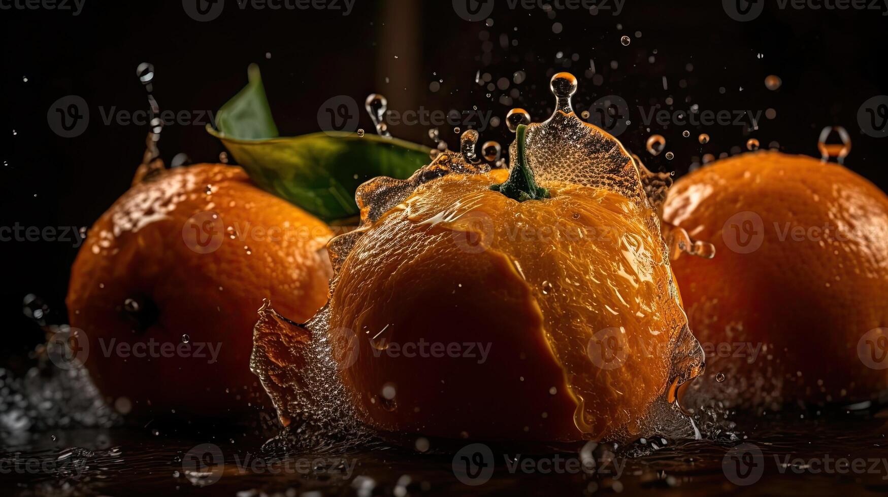 Sliced Orange fruit hit by splashes of water with black blur background, photo