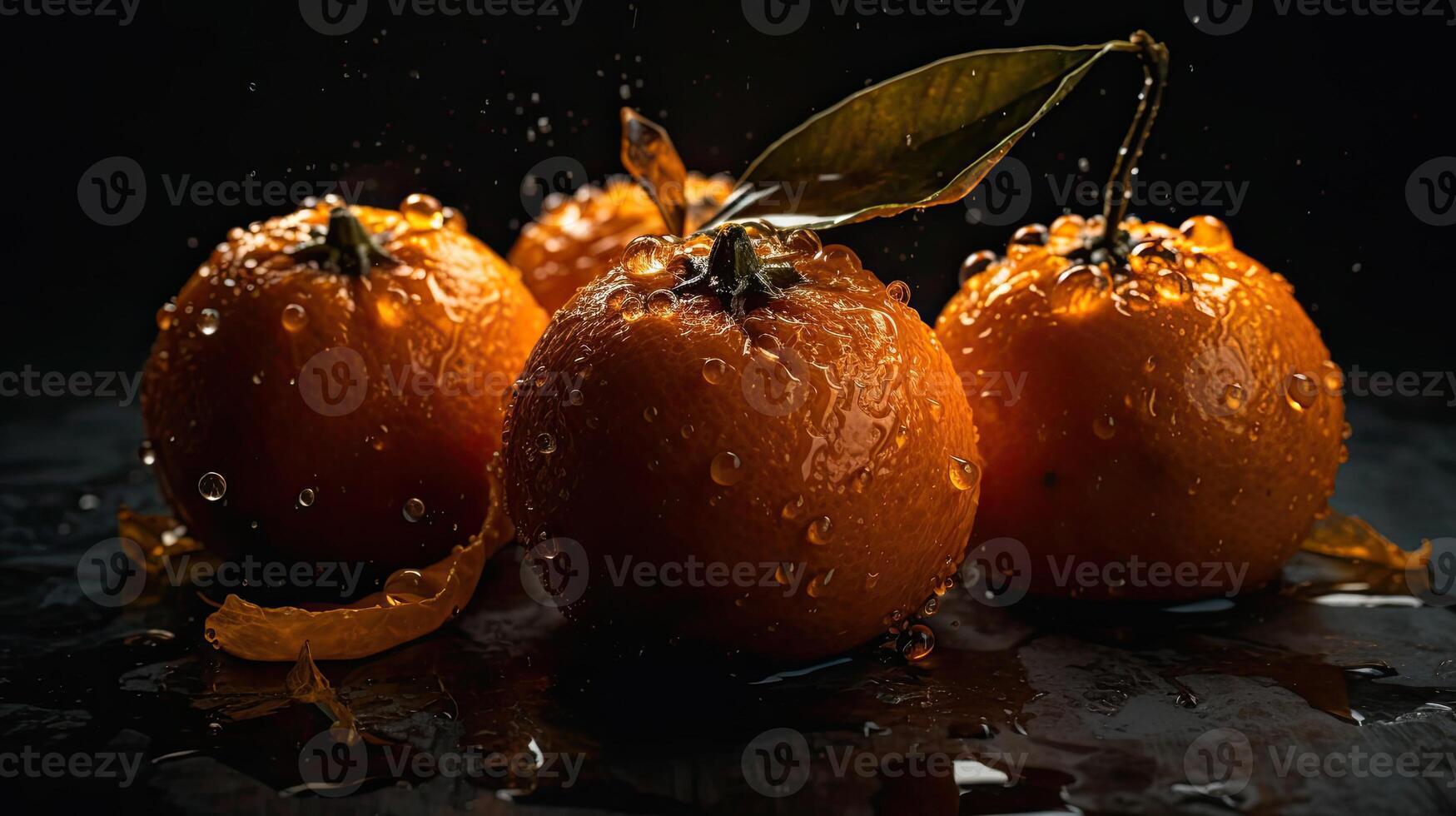 Closeup of sliced orange fruit hit by splashes of water with black blur background, photo