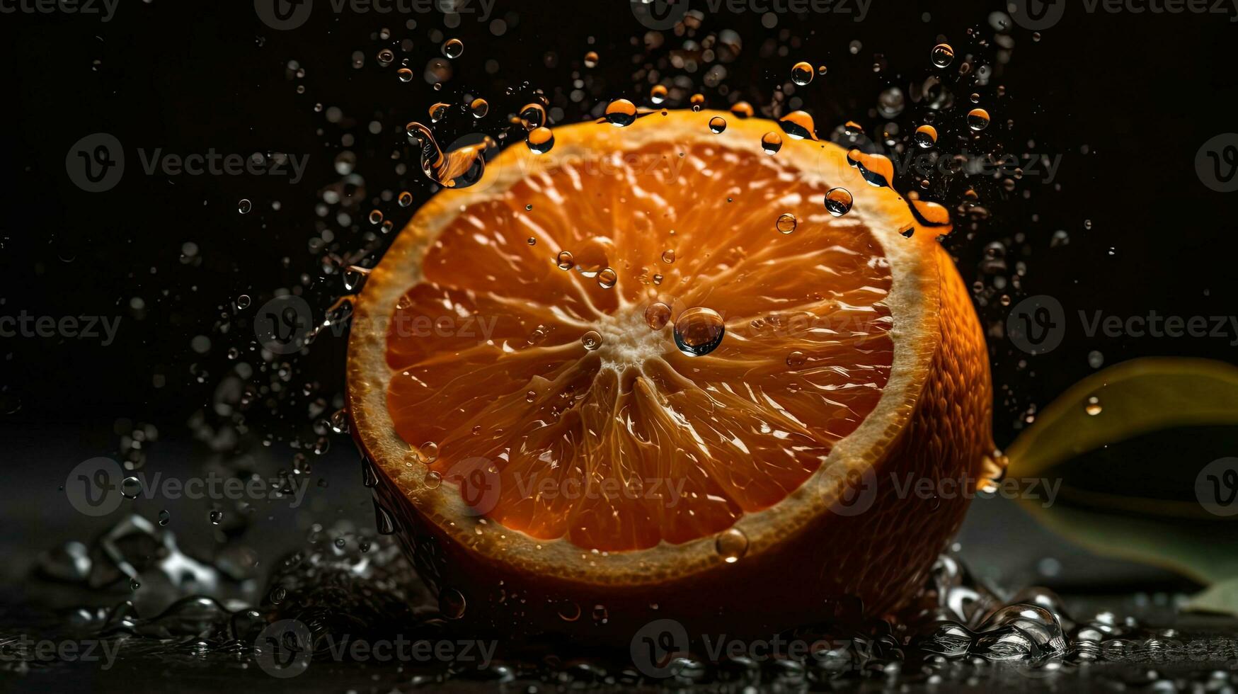 Closeup of sliced orange fruit hit by splashes of water with black blur background, AI Generative photo