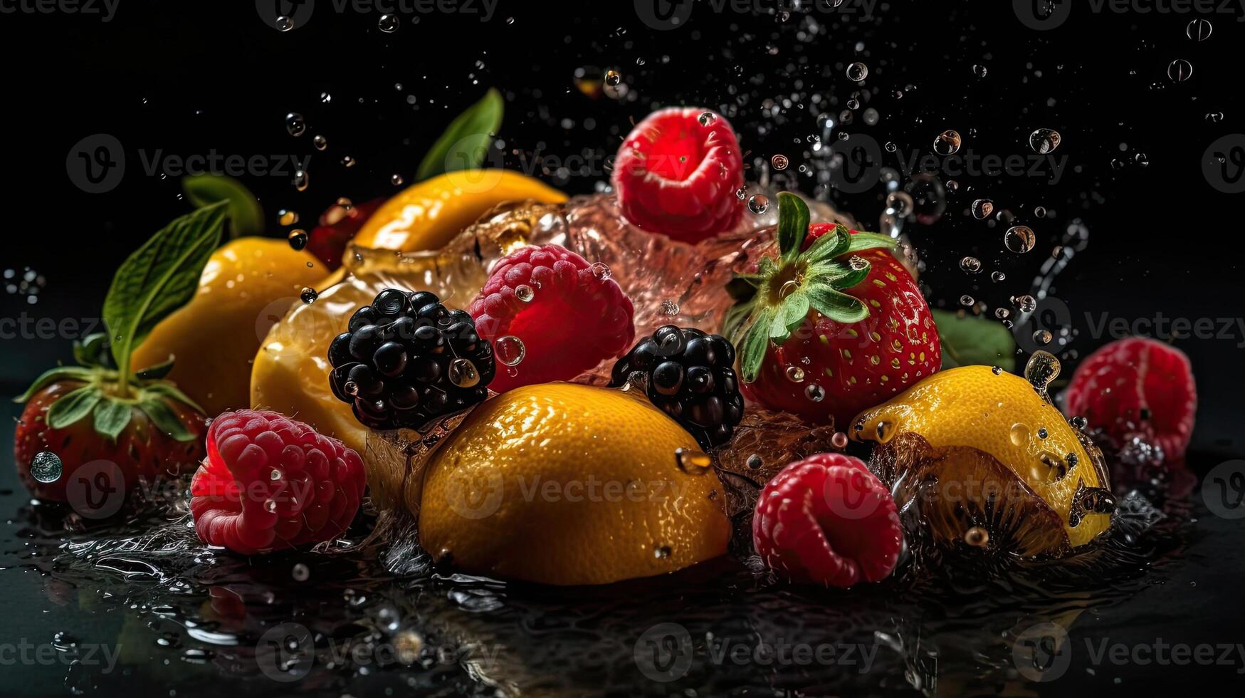 Closeup of fruits hit by splashes of water with black blur background, photo