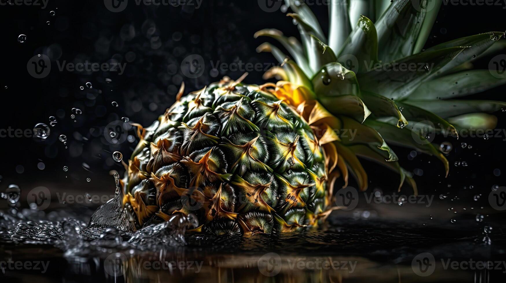 piña golpear por salpicaduras de agua con negro difuminar fondo, ai generativo foto