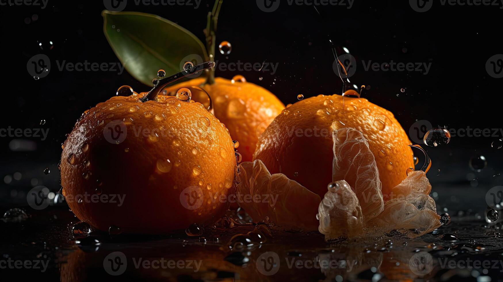 Closeup of sliced orange fruit hit by splashes of water with black blur background, photo