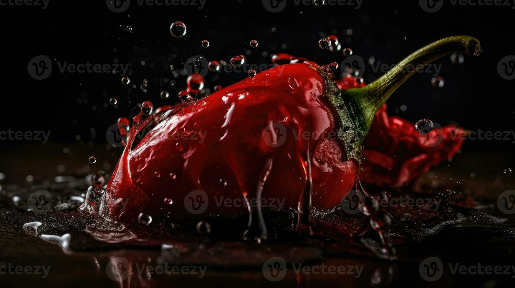 Closeup Chili hit by splashes of water with black blur background, AI Generative photo