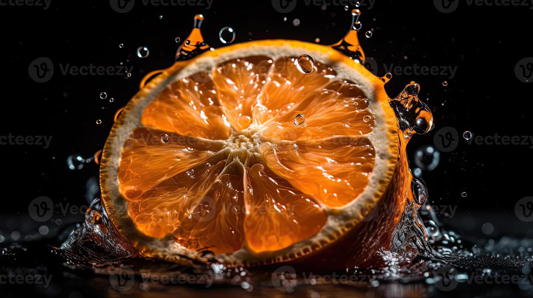 Closeup of sliced orange fruit hit by splashes of water with black blur background, photo