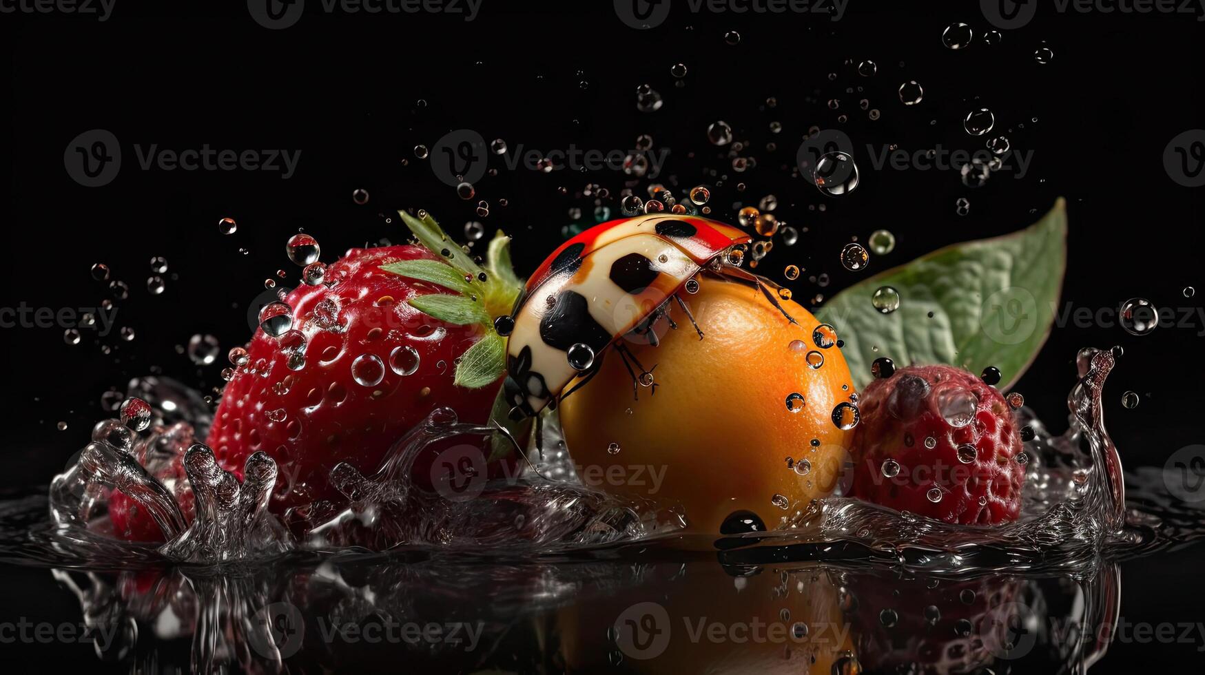 Closeup of fruits hit by splashes of water with black blur background, photo