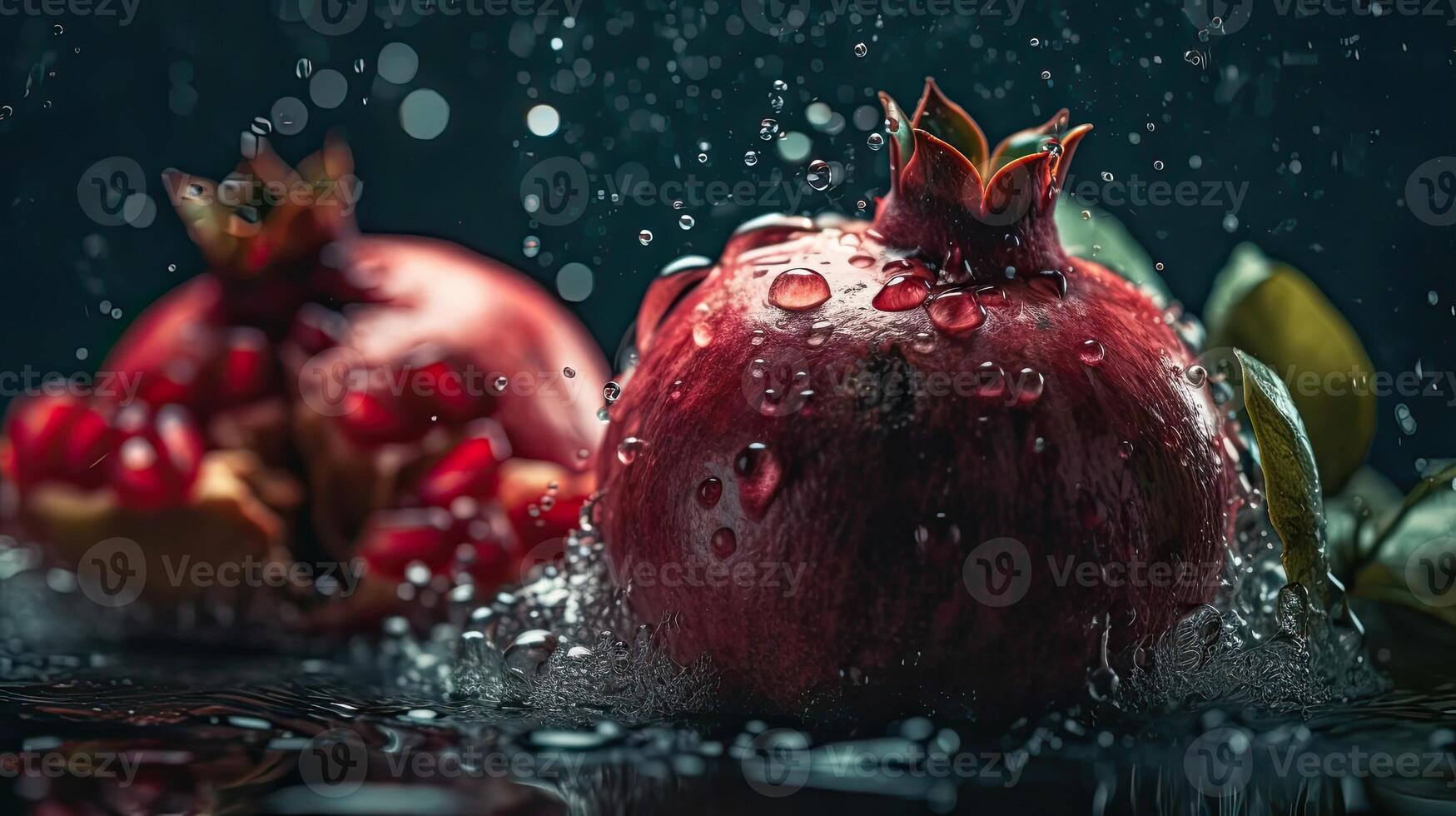 Closeup Pomegranate hit by splashes of water with black blur background, AI Generative photo