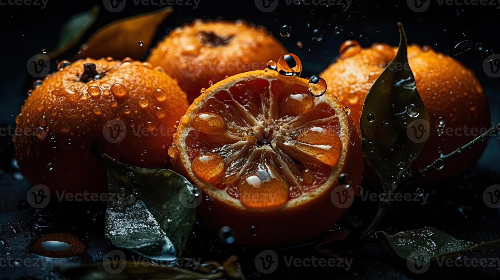 Closeup of sliced orange fruit hit by splashes of water with black blur background, photo