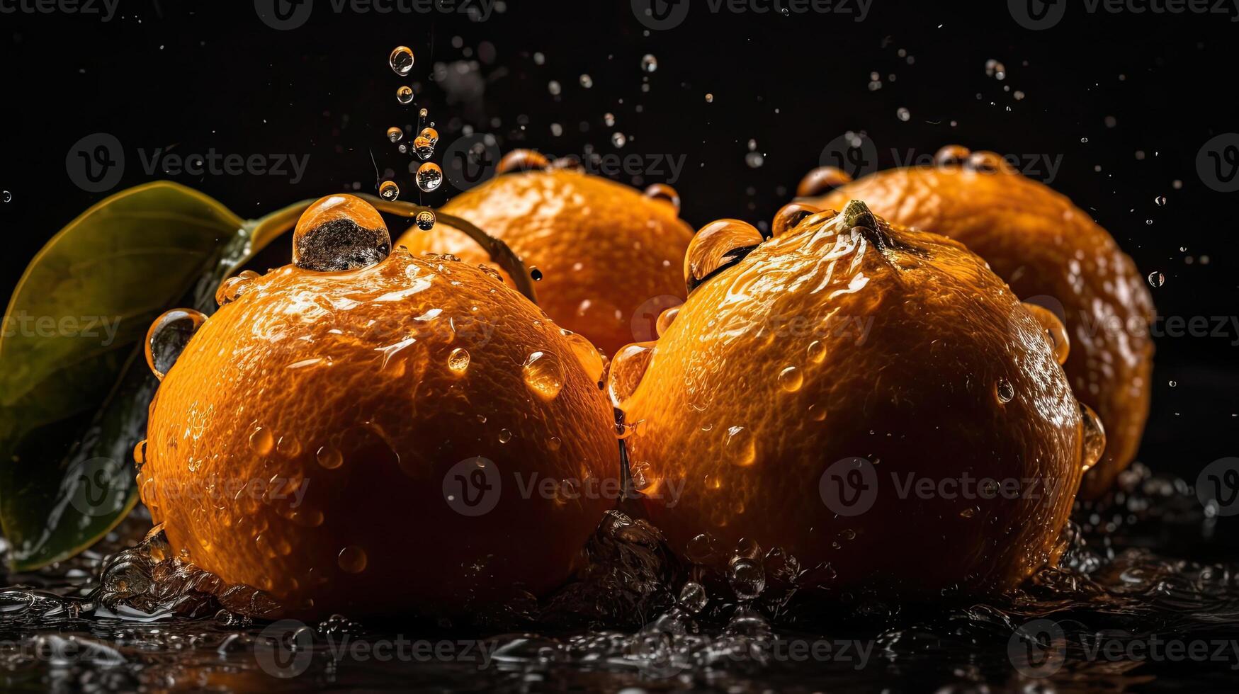 Closeup of sliced orange fruit hit by splashes of water with black blur background, photo