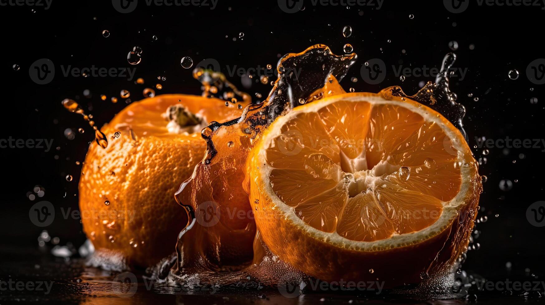 Closeup of sliced orange fruit hit by splashes of water with black blur background, photo