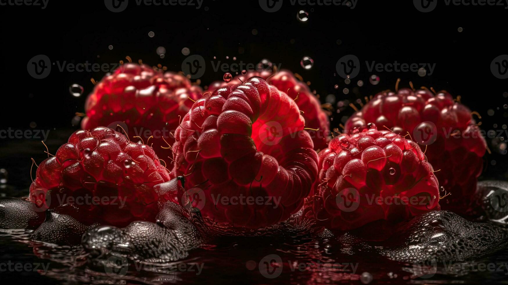Raspberry hit by splashes of water with black blur background, AI Generative photo