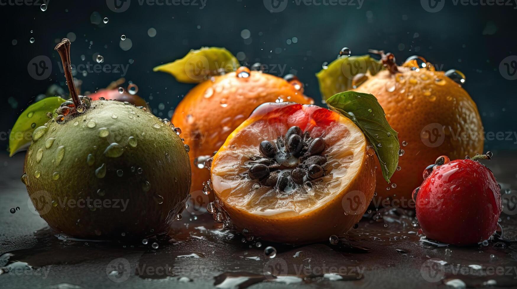 Closeup of fruits hit by splashes of water with black blur background, photo