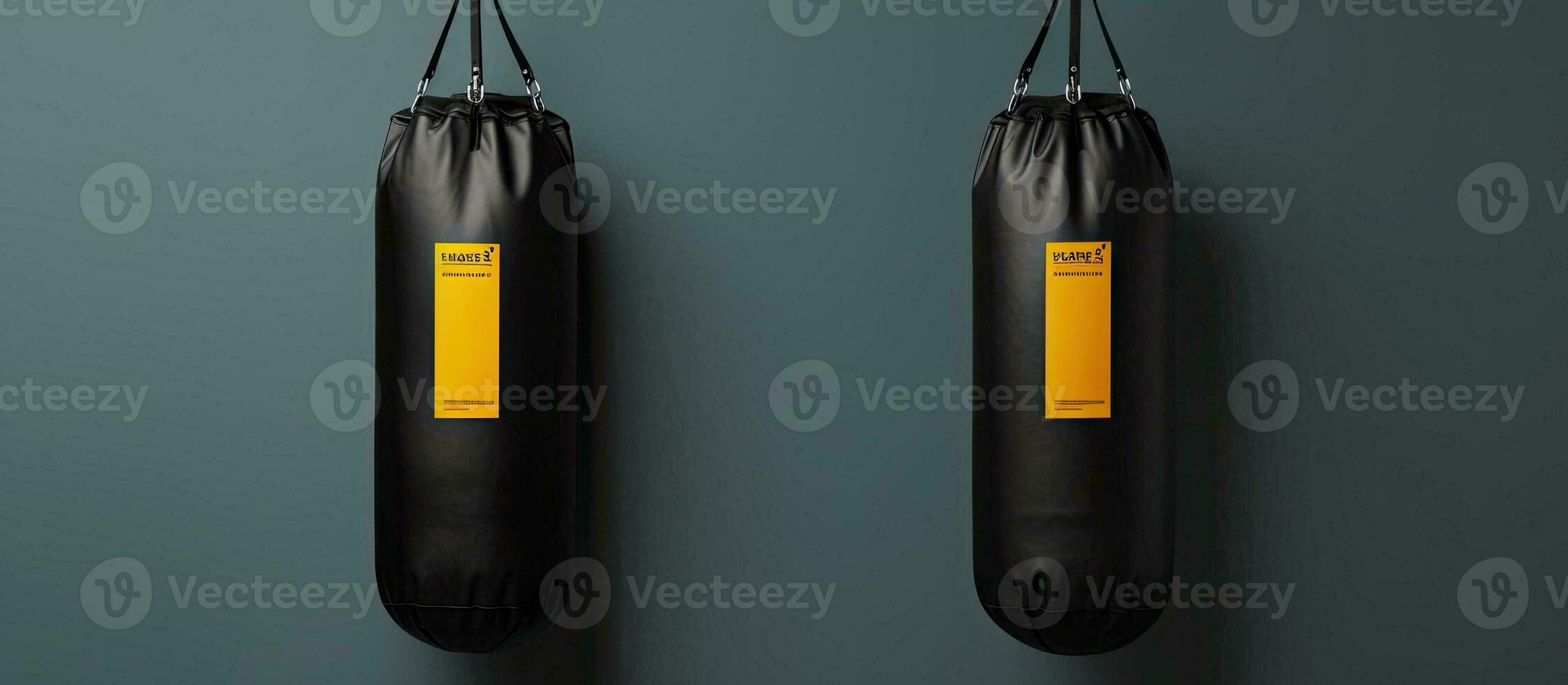 Photo of two black punching bags hanging on a wall with empty space for text or design with copy space