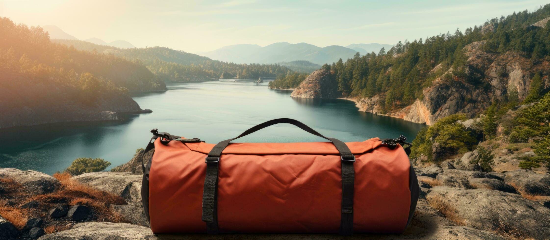 foto de un muletón bolso en un rocoso junto al lago, ofrecimiento un invitación a aventuras y relajación con Copiar espacio