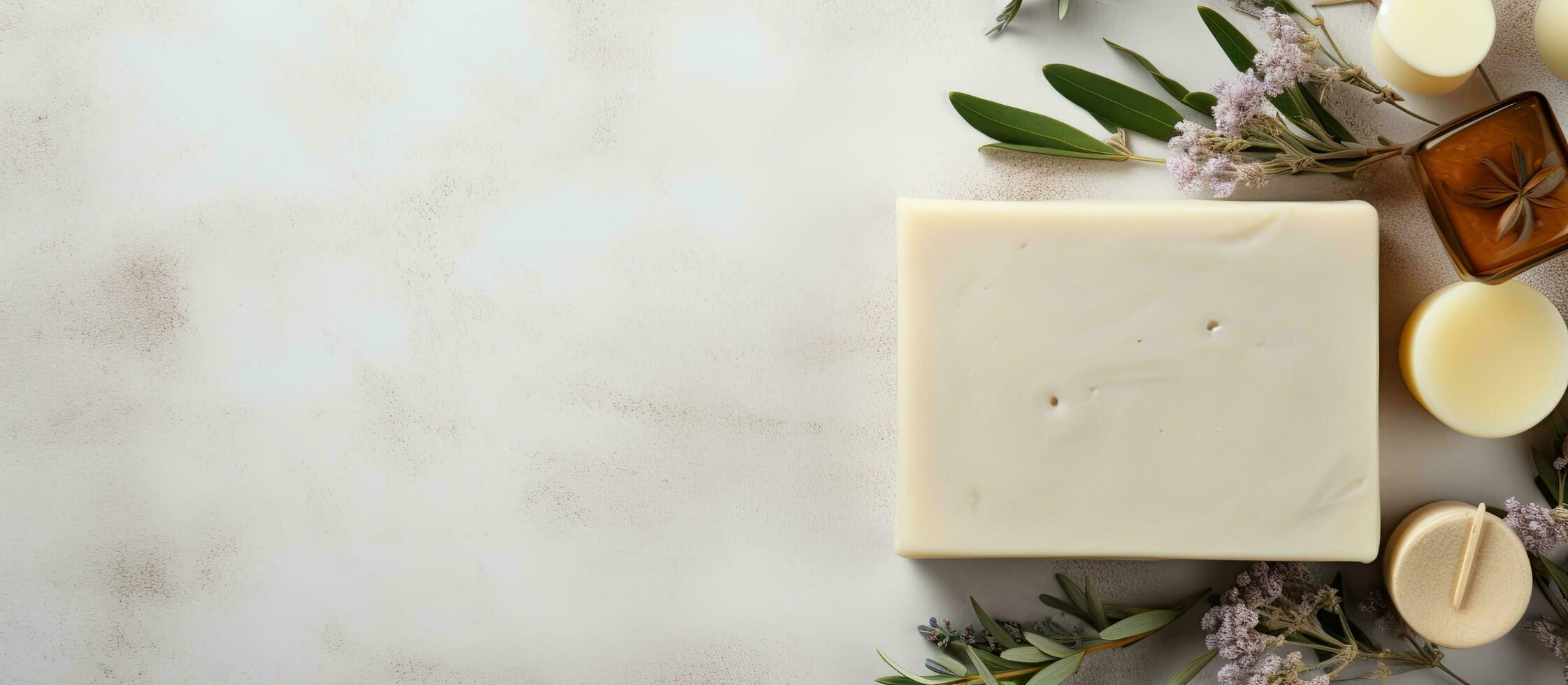 Photo of a soap bar and flowers on a countertop with copy space with copy space