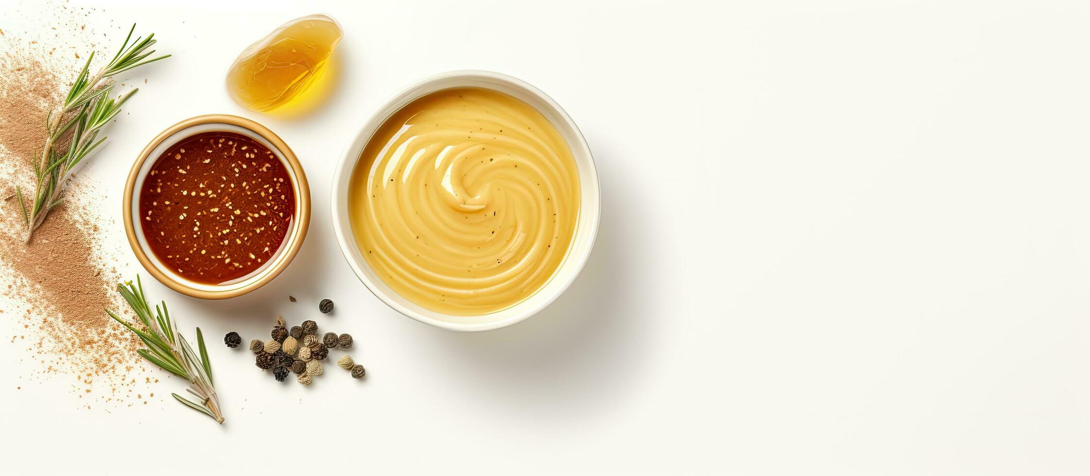 Photo of a variety of sauces displayed on a clean white table with copy