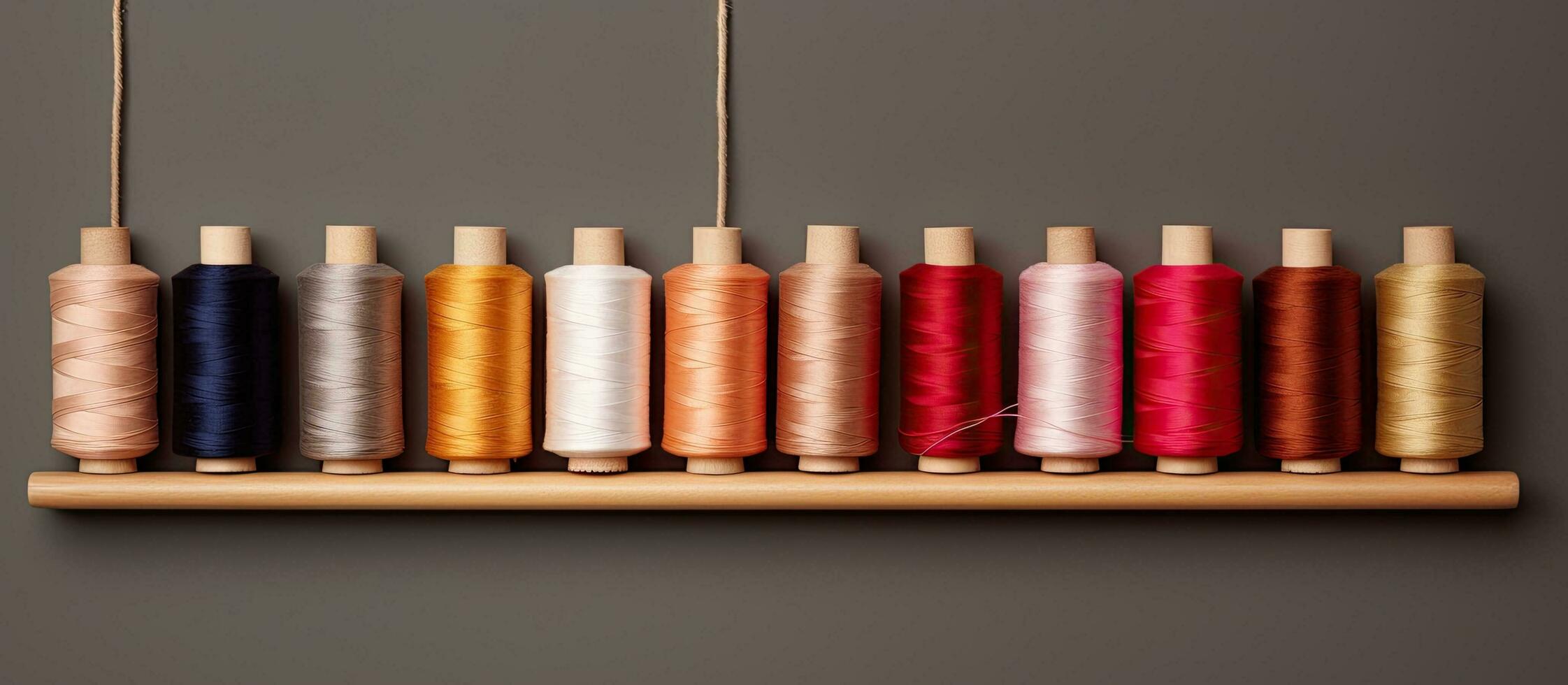 Photo of a colorful display of spools of thread on a rustic wooden shelf with empty space for text or design with copy space