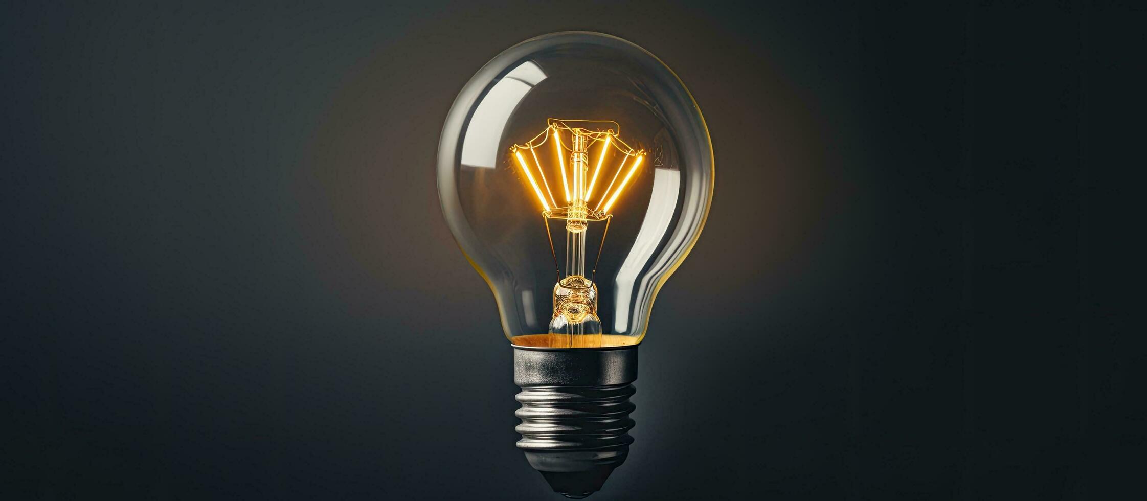 Photo of a glowing light bulb on a dark background with copy space
