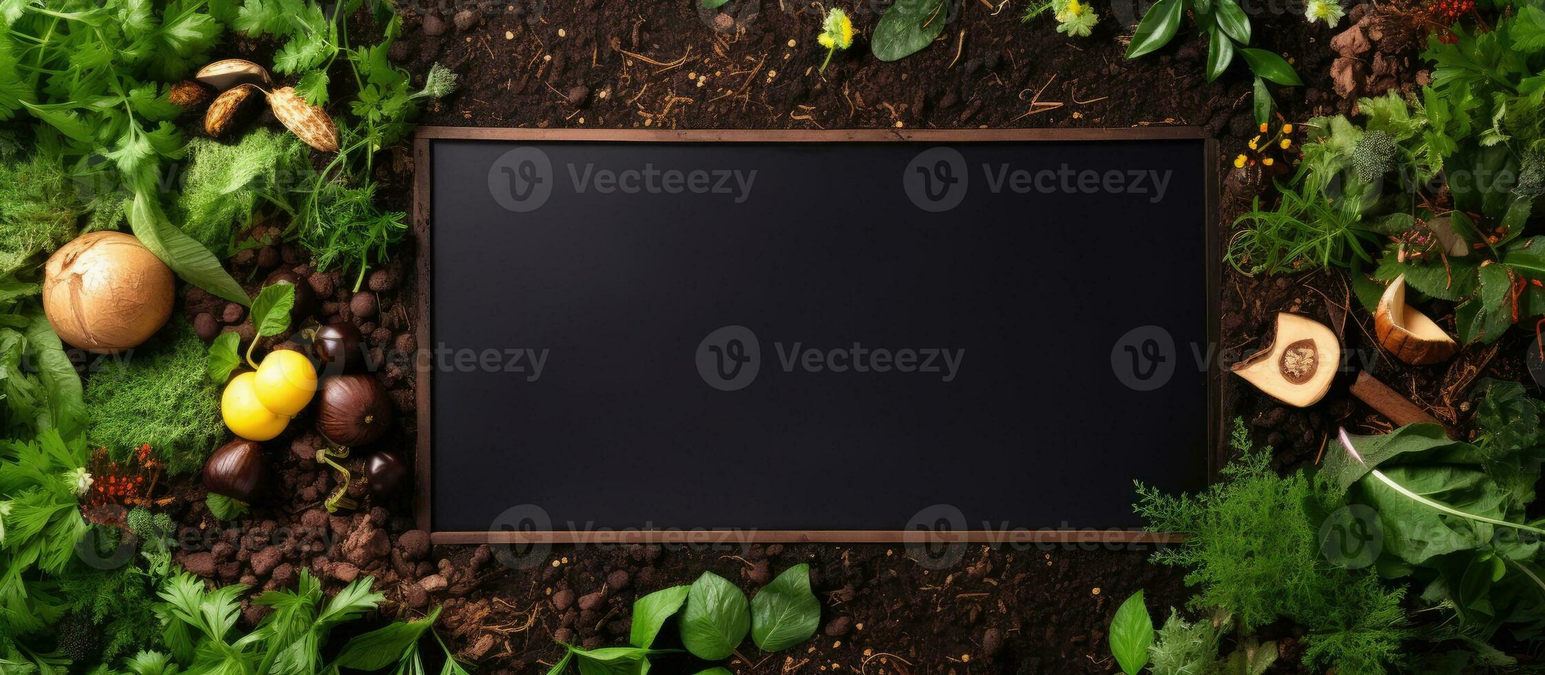 Photo of a blackboard covered in lush green plants and vibrant mushrooms with copy space