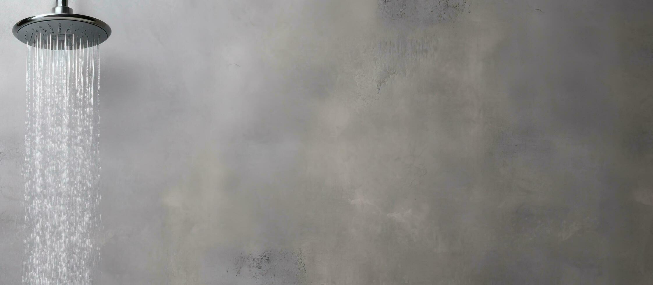 Photo of a shower head spraying water in a modern bathroom with copy