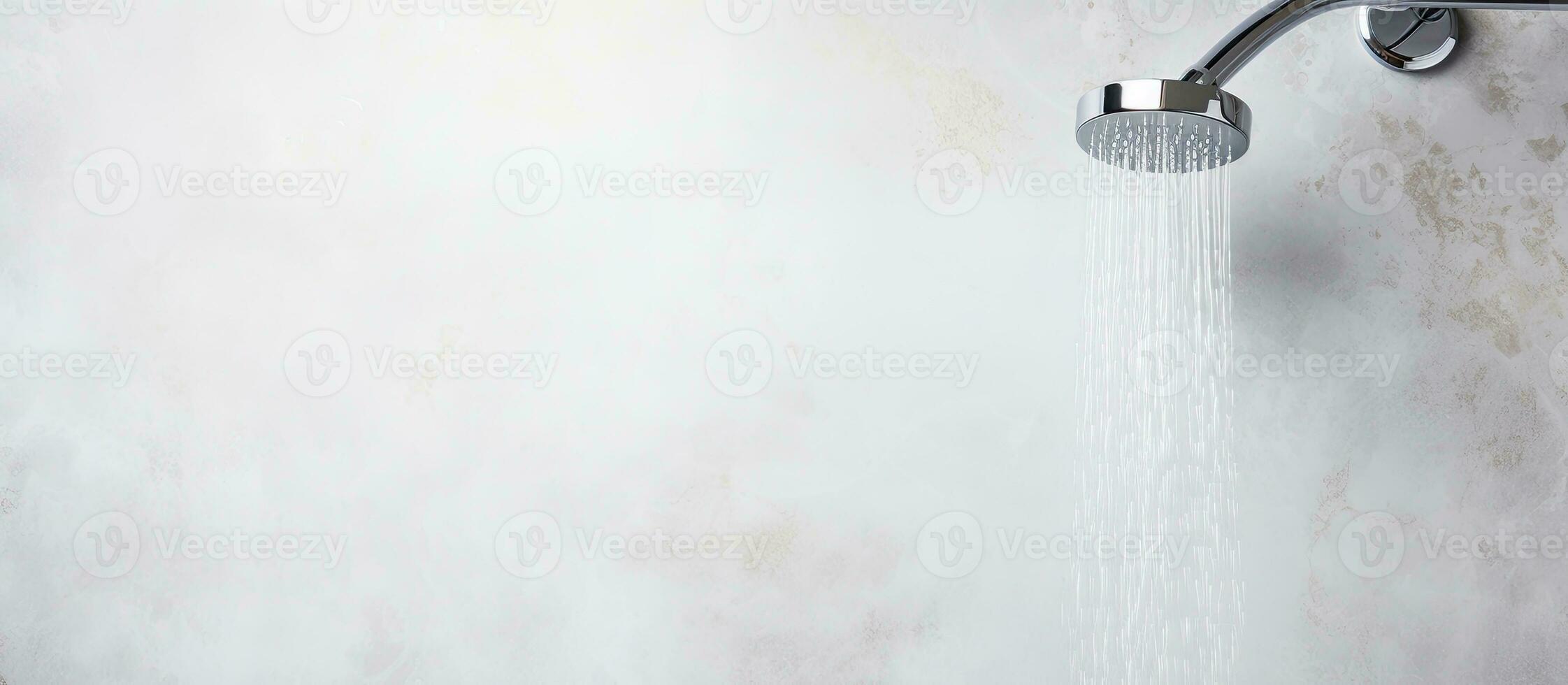 Photo of a shower head with water flowing out in a close up shot with copy space