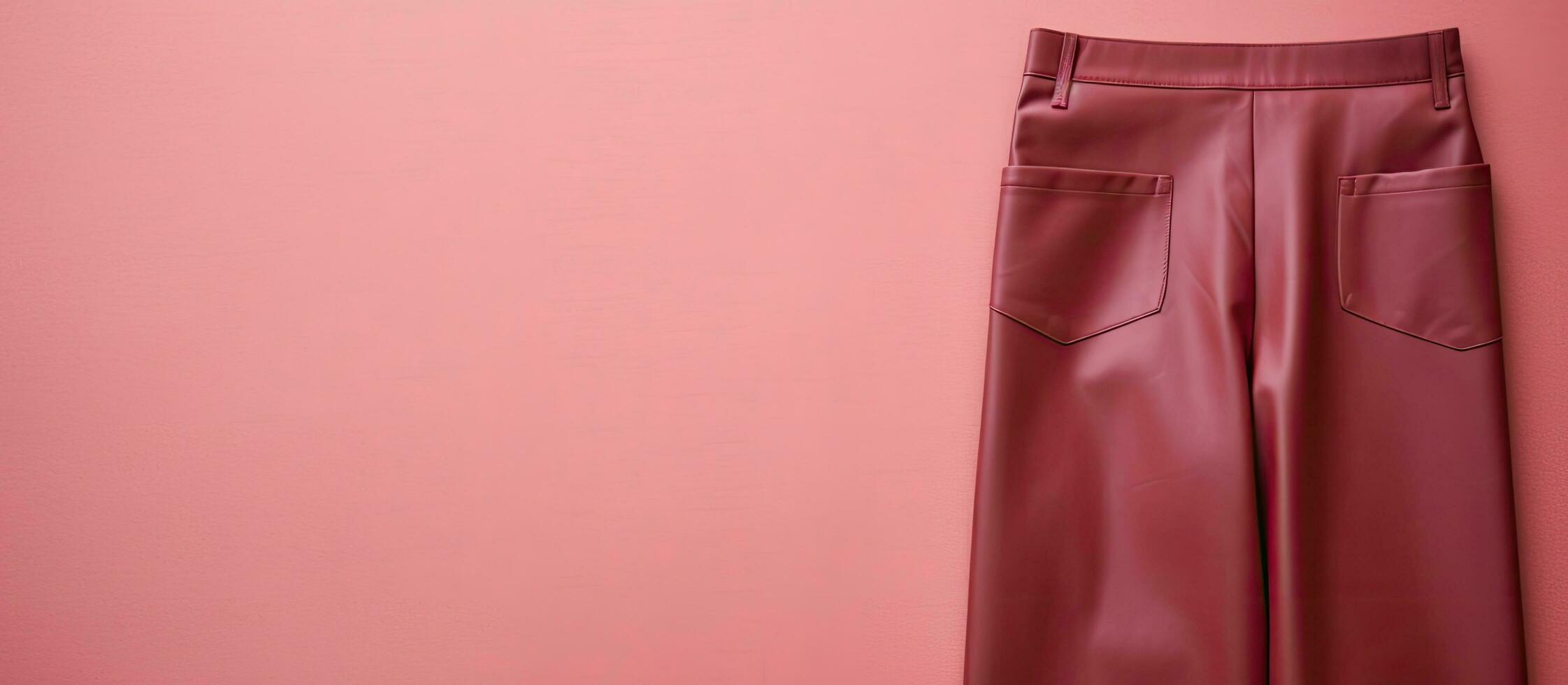 Photo of pink pants hanging on a pink wall with ample copy space with copy space