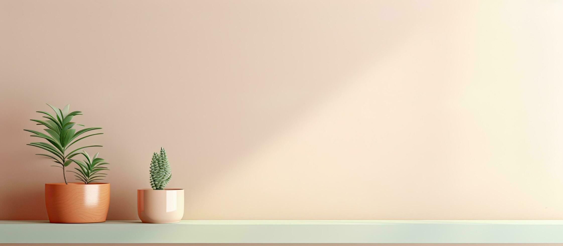 Photo of three potted plants on a shelf with empty space for text or design with copy space