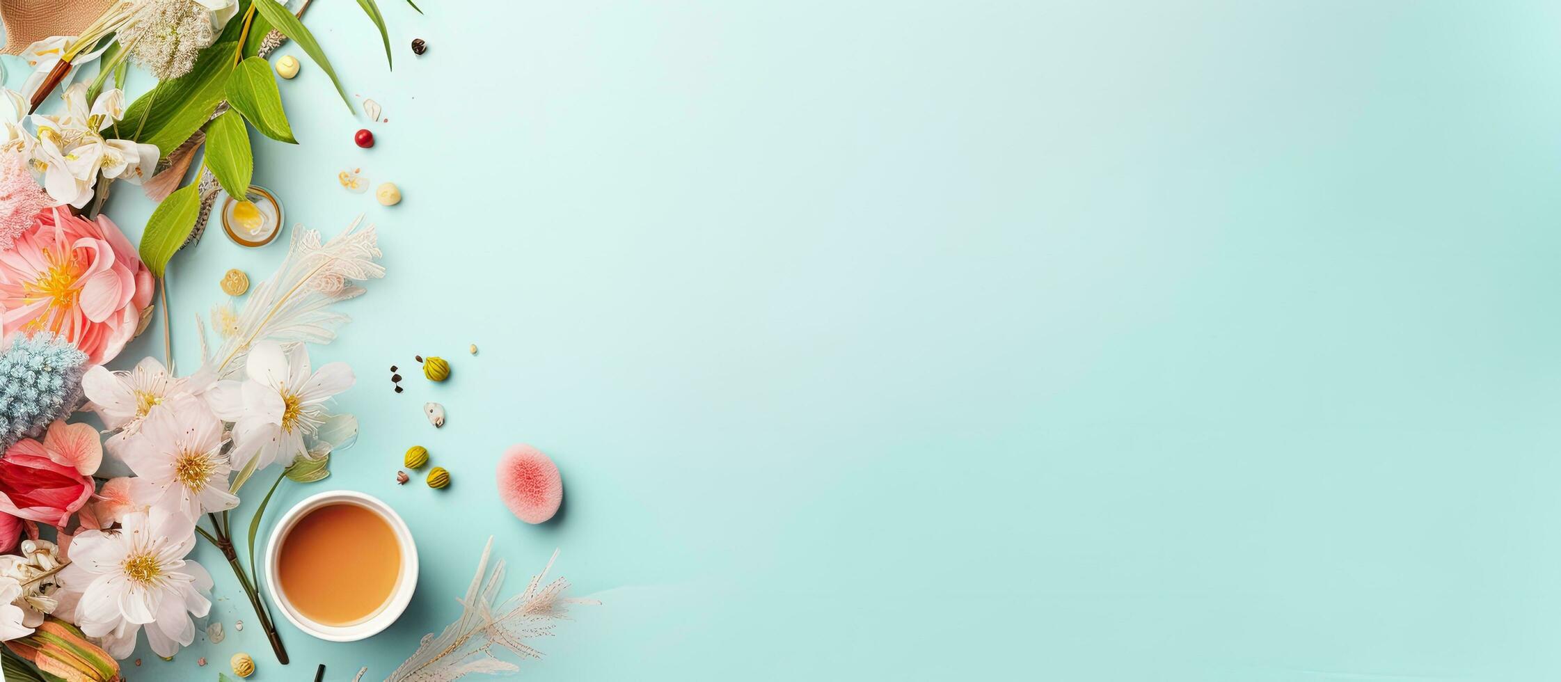 Photo of a colorful bouquet of flowers and a steaming cup of coffee on a vibrant blue background with copy space