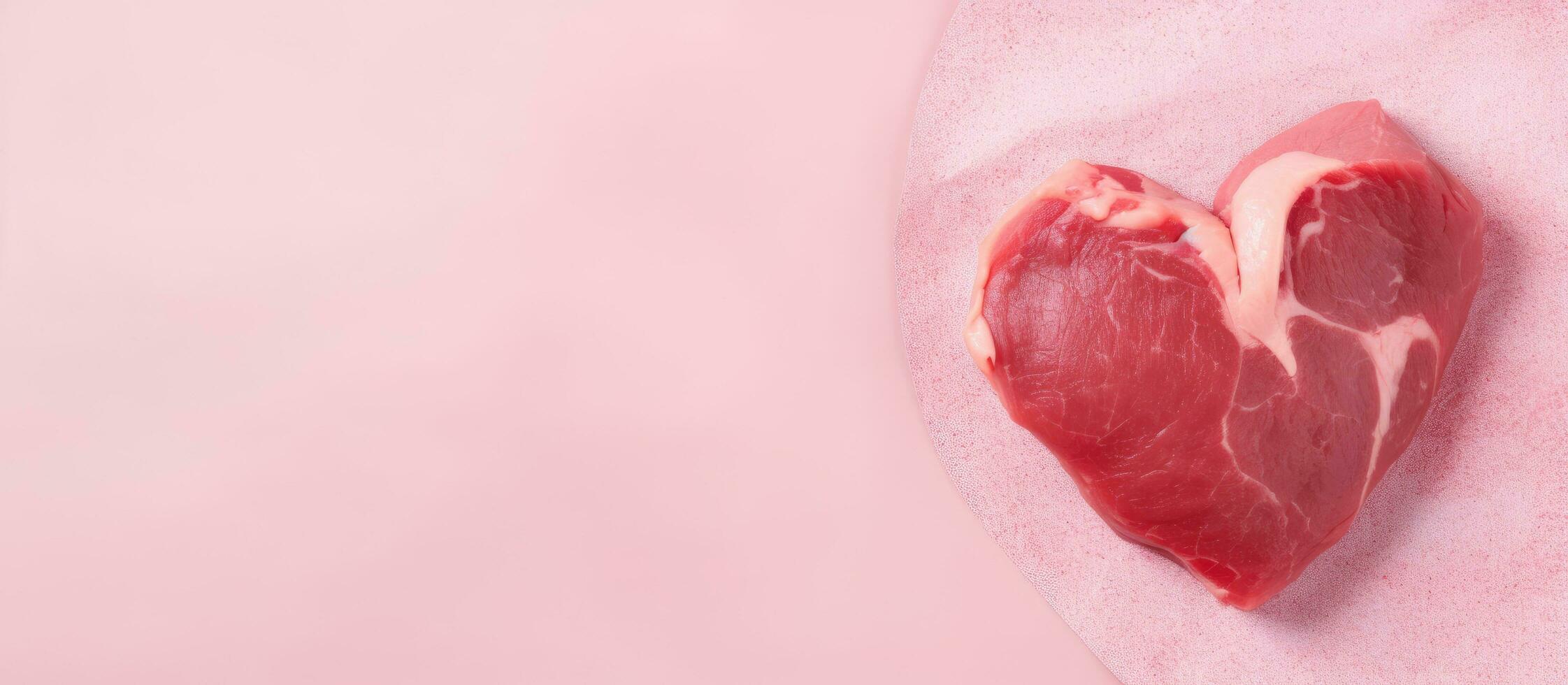 Photo of a heart shaped piece of meat on a plate with copy space