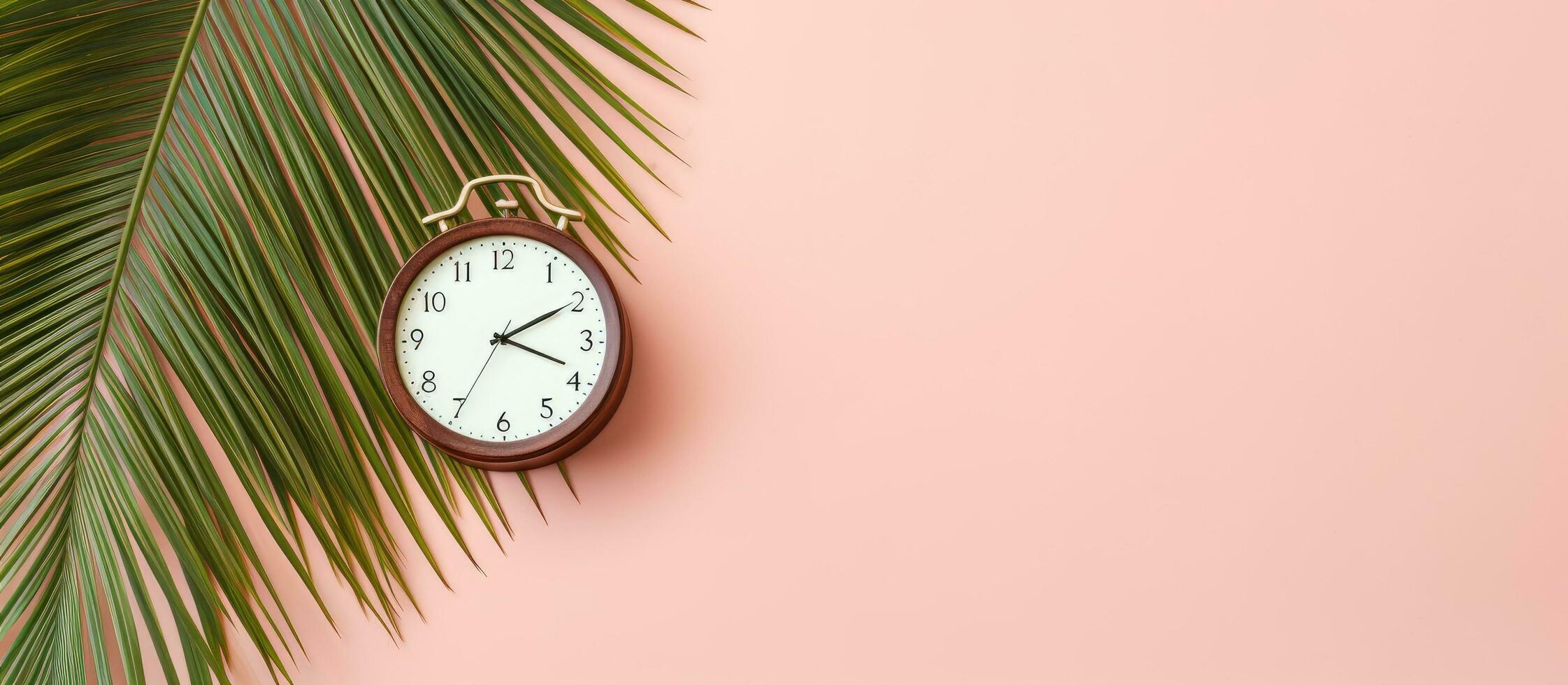 Photo of a clock hanging on a palm tree branch with copy space with copy space