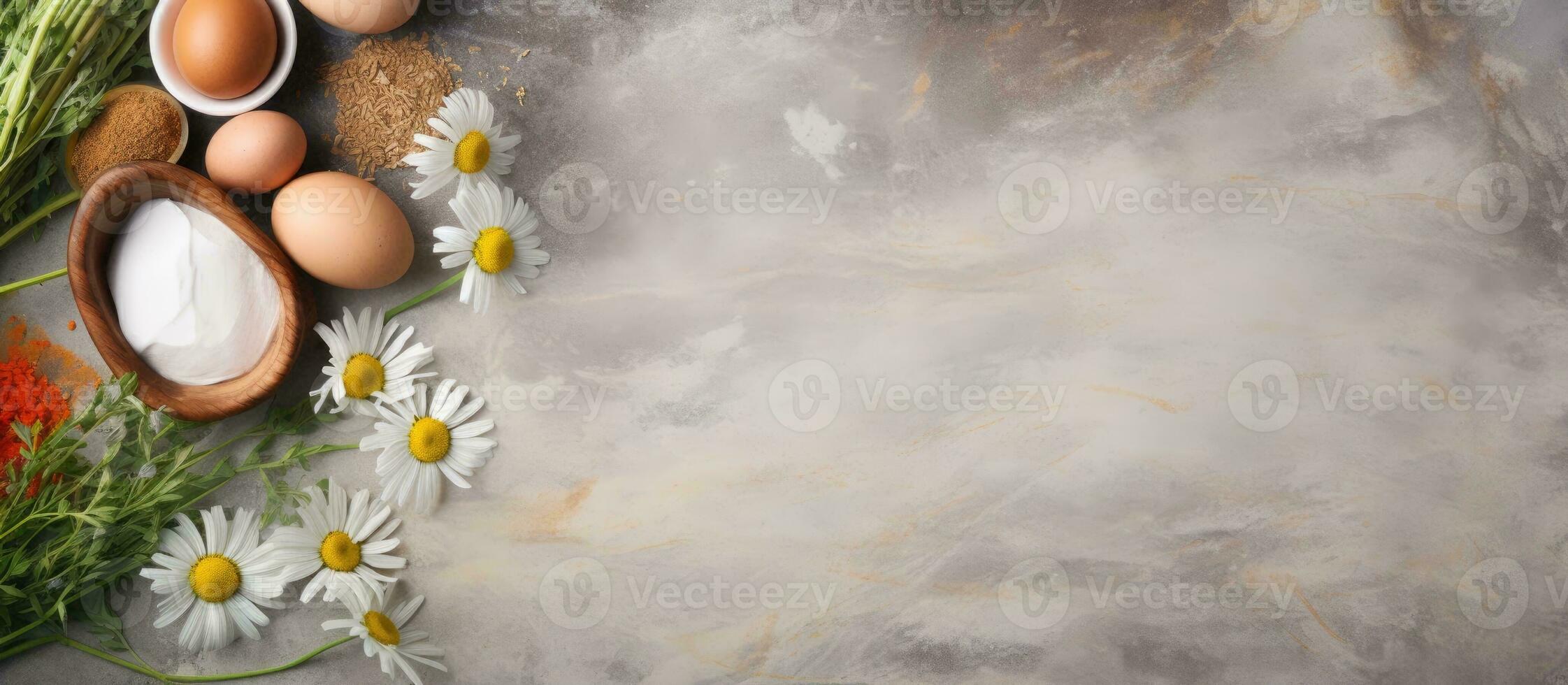Photo of a beautifully arranged table with eggs and flowers as the centerpiece with copy space