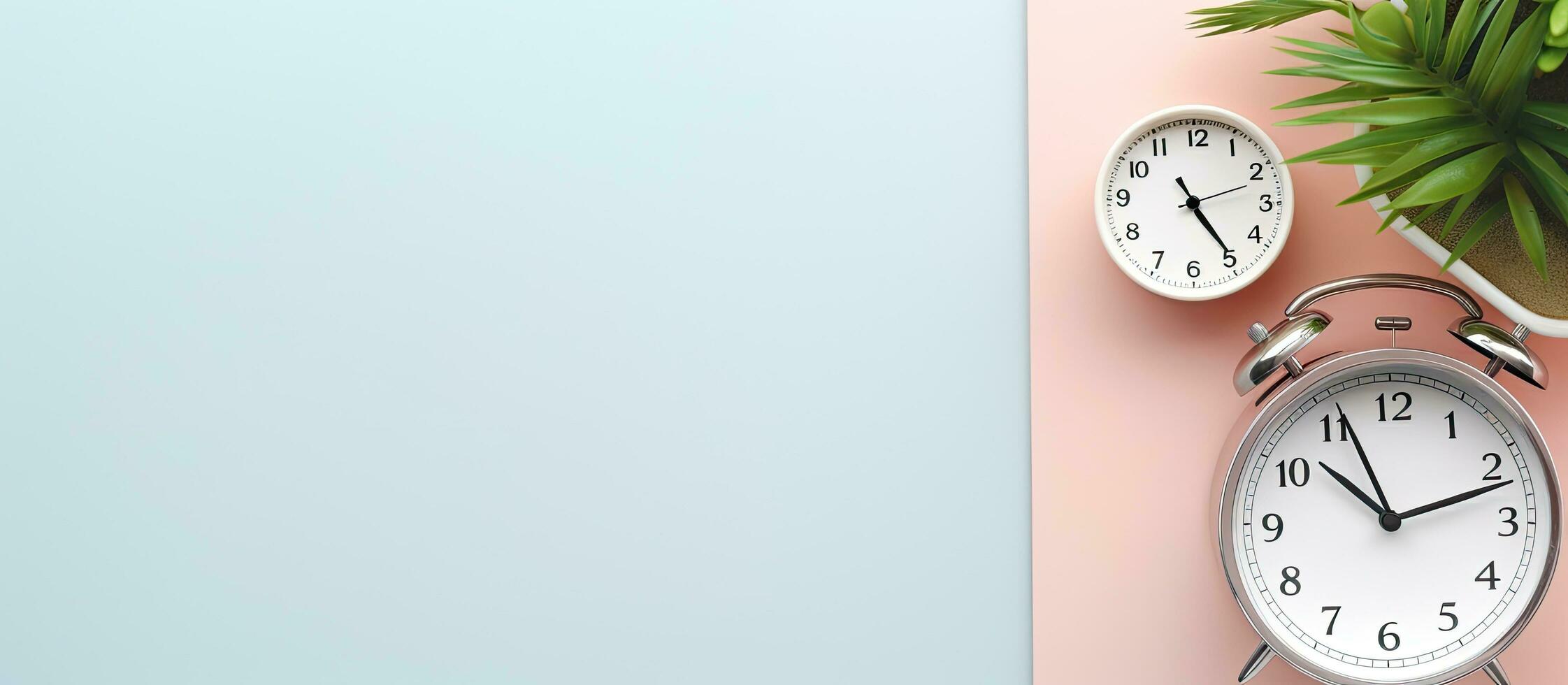 Photo of an alarm clock and potted plant on a table with copy space
