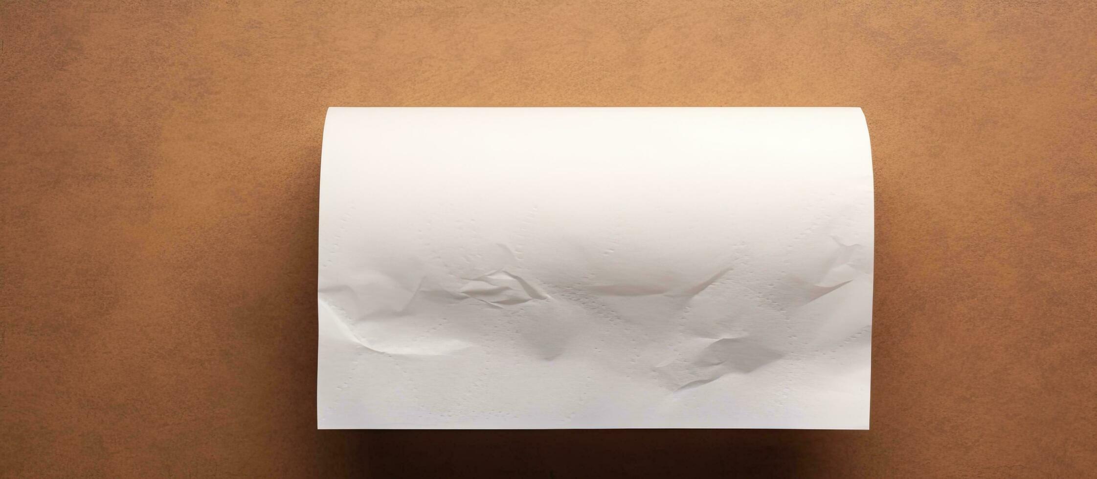 Photo of a roll of toilet paper on a table with empty space for text or design with copy space