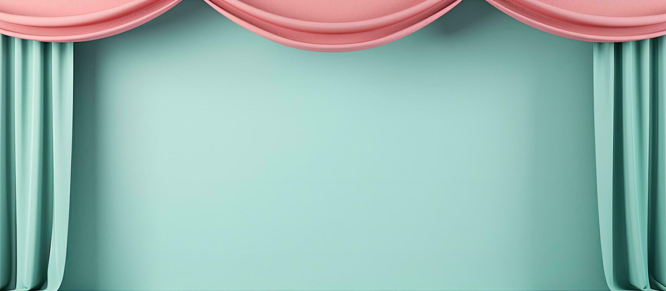 Photo of a blue wall with a pink curtain and a pink chair with copy space