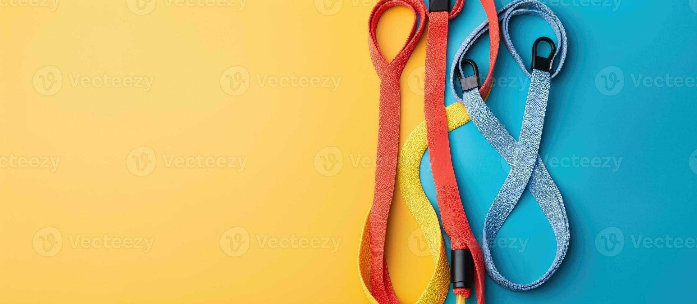 Photo of a pair of stylish headphones on a vibrant blue and yellow background with copy space