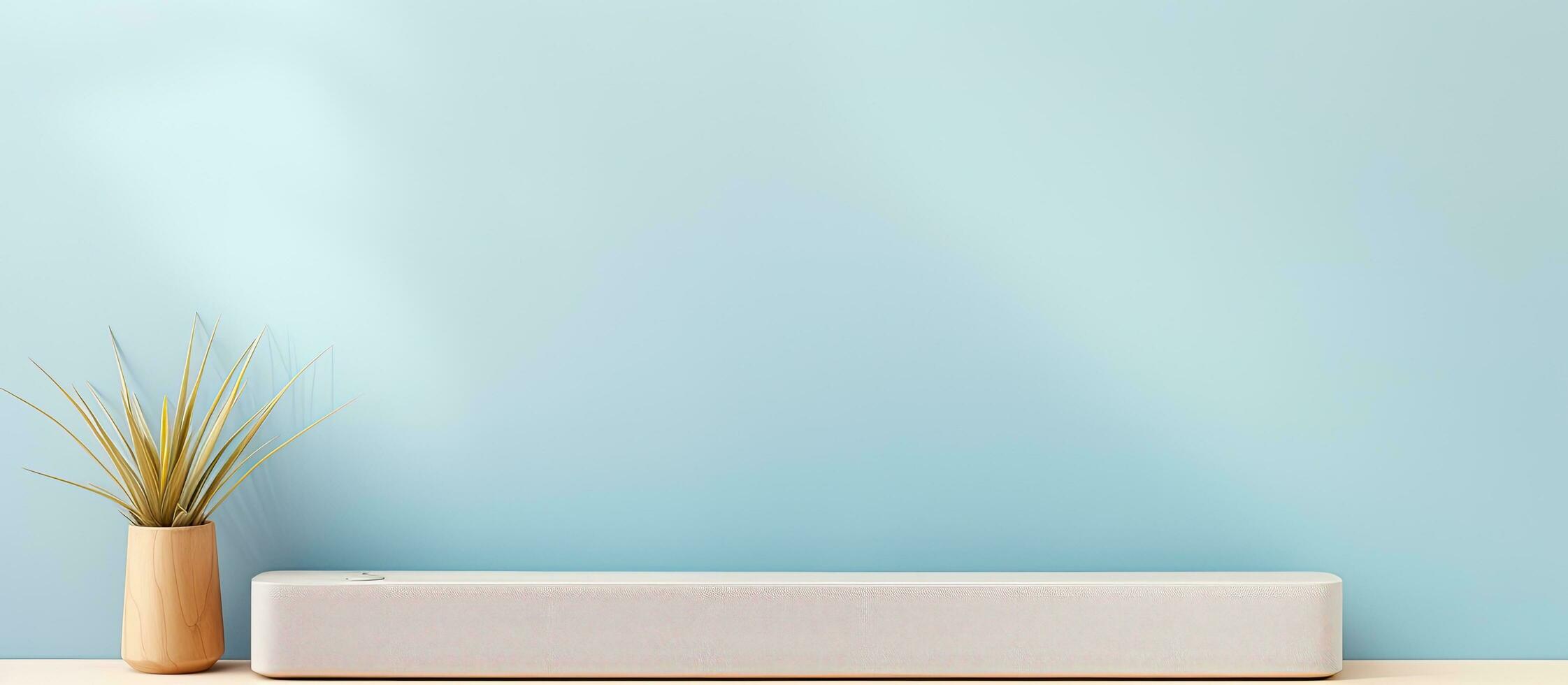 Photo of a minimalistic white shelf with a vibrant potted plant as the focal point with copy space