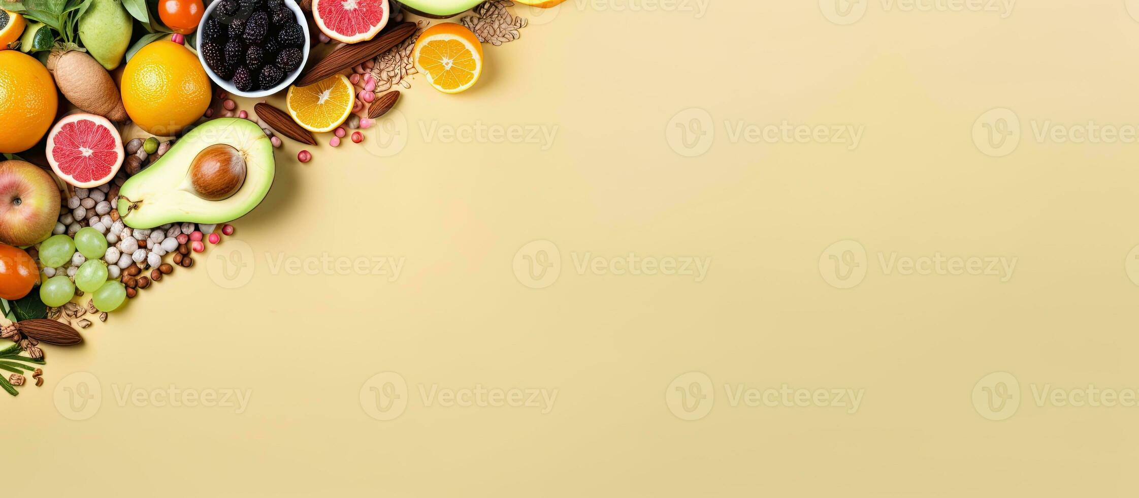 Photo of a bountiful display of fresh fruits and vegetables on a rustic table with copy space