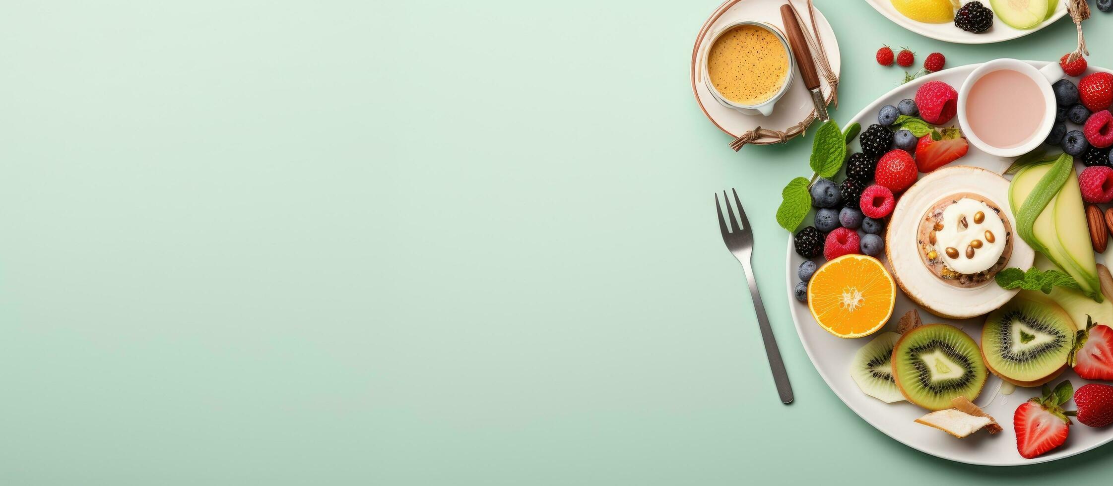 Photo of a delicious fruit platter with cutlery on a white plate with copy space