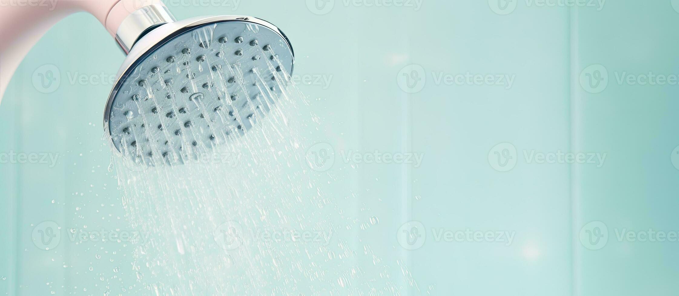 Photo of a shower head with water flowing with copy space