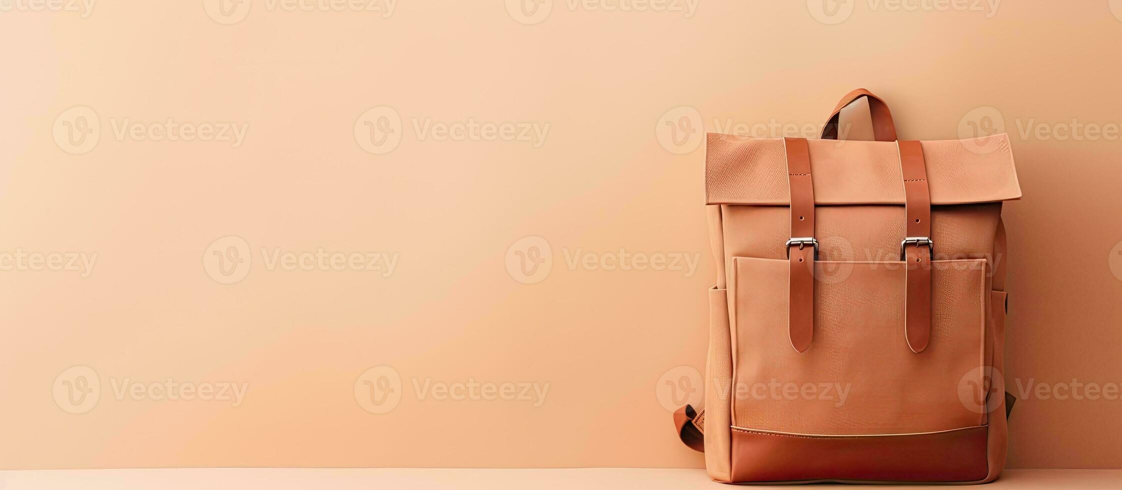 Photo of a tan backpack resting against a blank wall, providing ample copy space with copy space