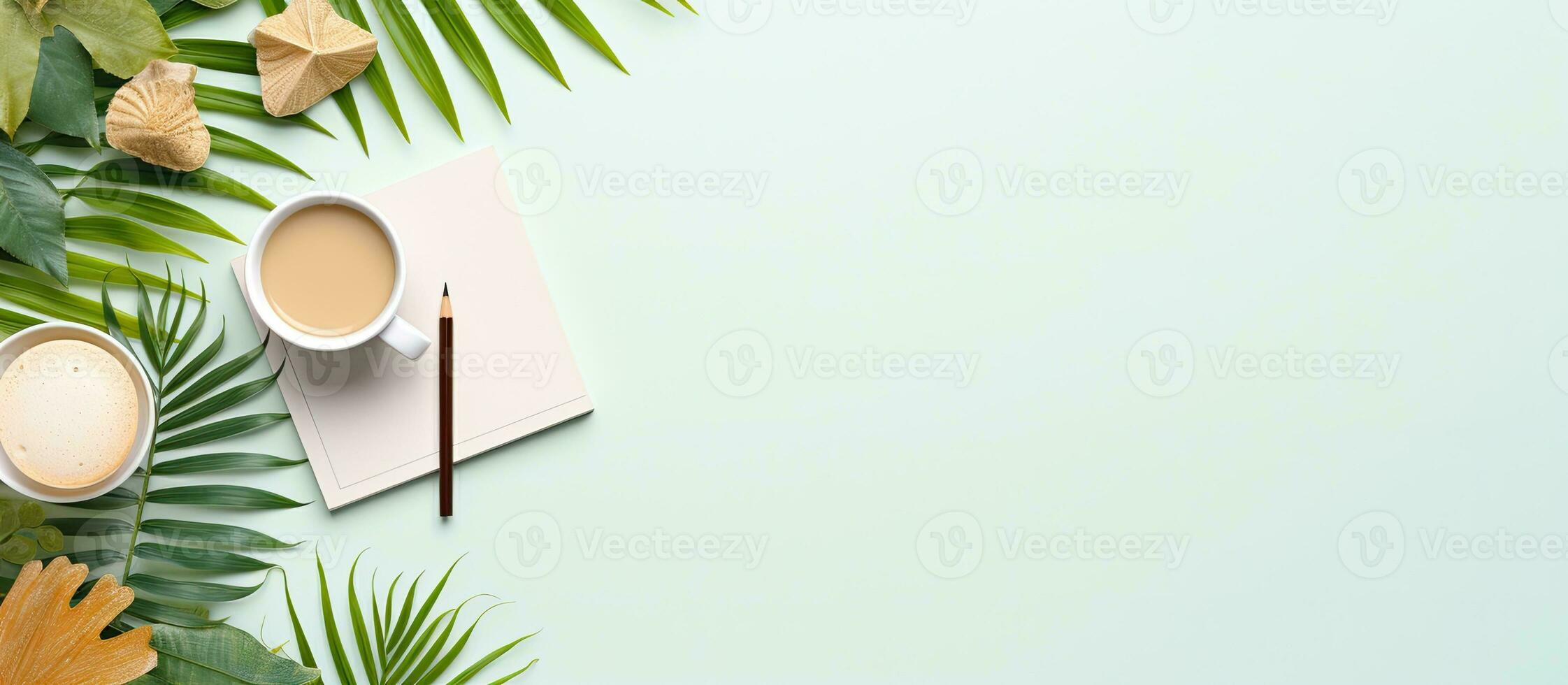 Photo of a cup of coffee next to a vibrant plant in a serene setting with copy space