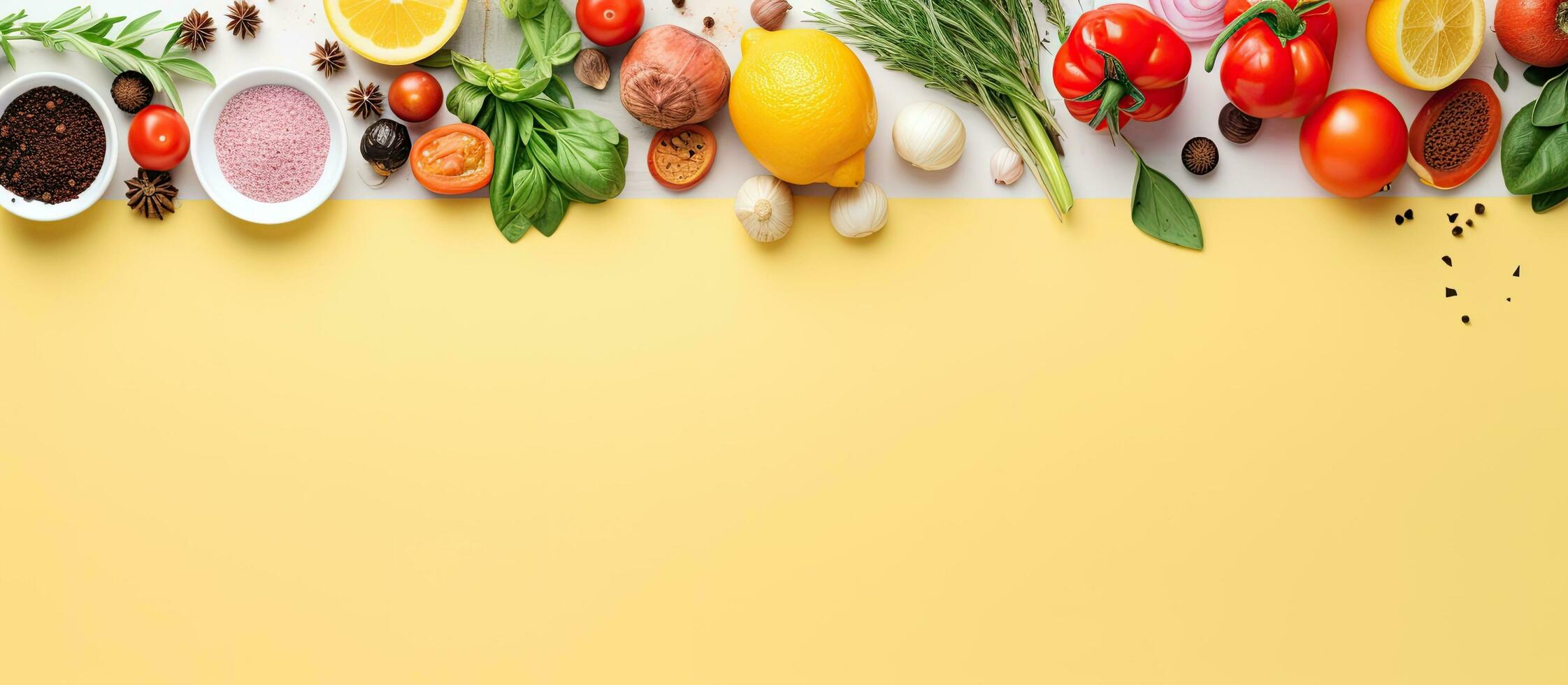 Photo of a colorful assortment of fruits and vegetables on a vibrant yellow background with copy space