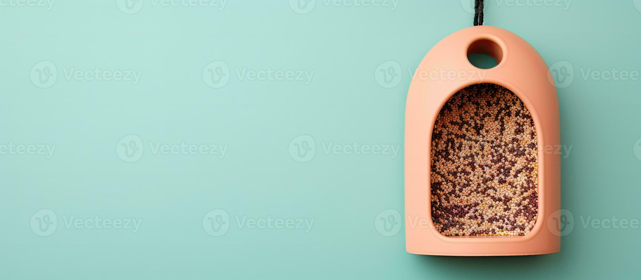 Photo of a bird feeder hanging from a hook on a wall with copy space with copy space
