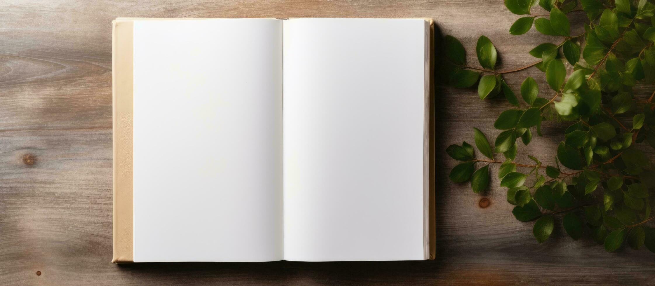 Photo of an open notebook on a wooden table with a plant beside it, creating a peaceful workspace with copy space