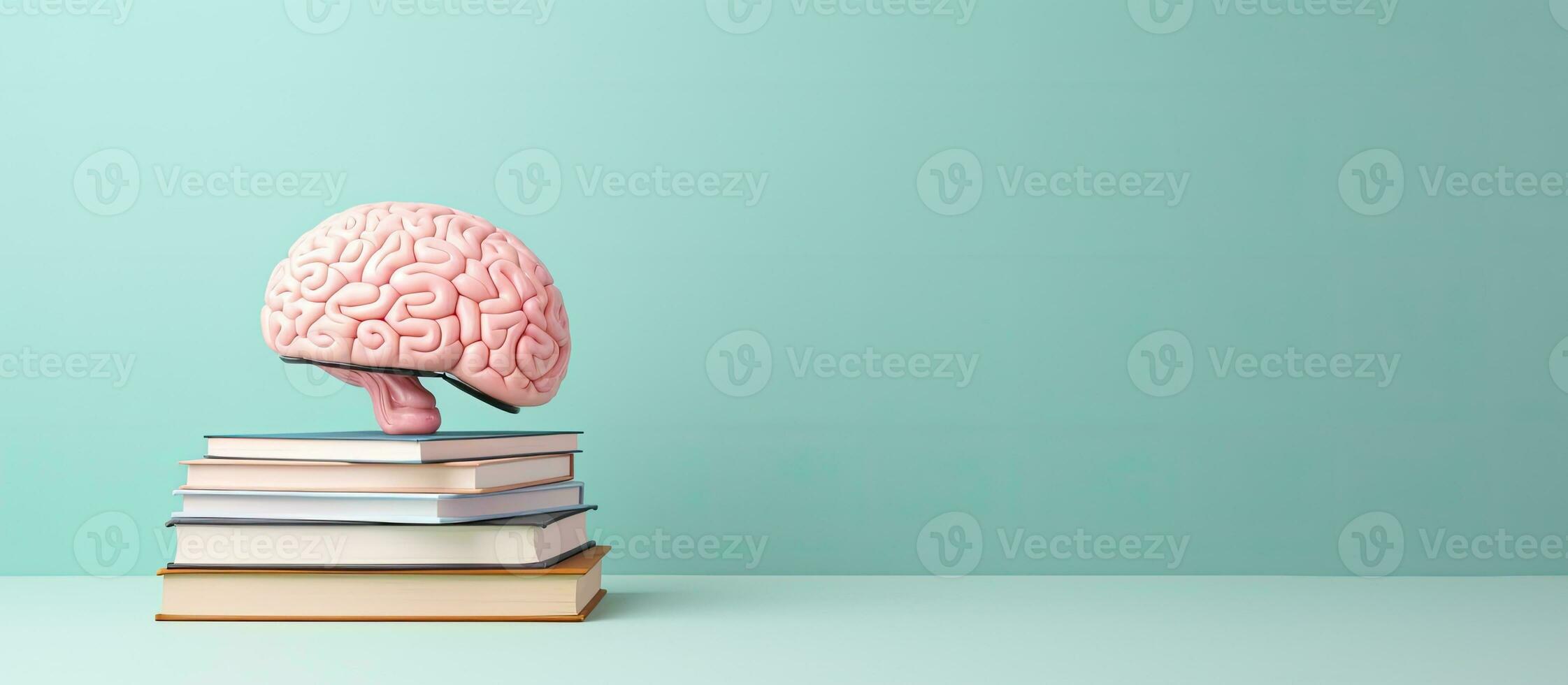 Photo of a pink brain resting on a stack of books, symbolizing knowledge and creativity with copy space