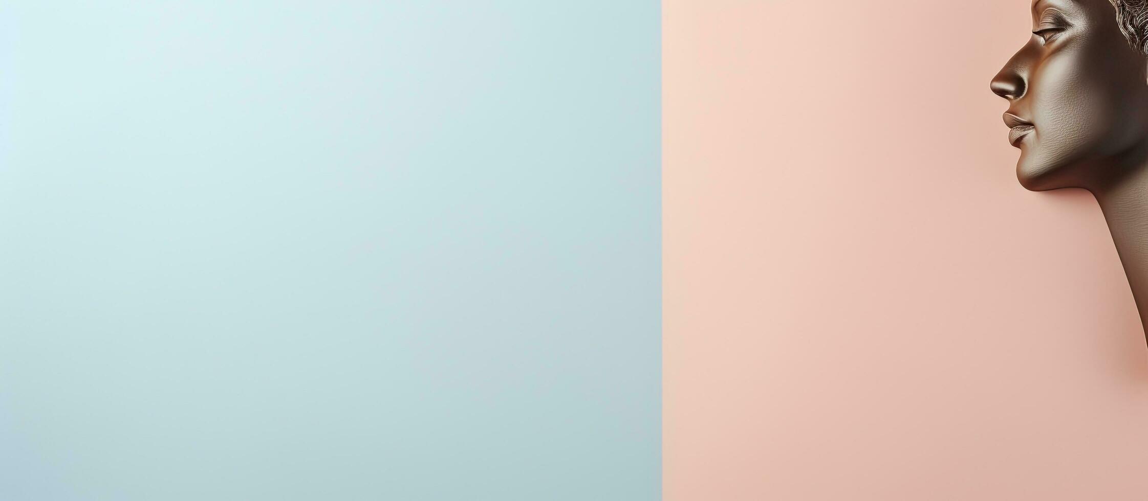 Photo of a womans head against a vibrant blue and pink backdrop with copy space